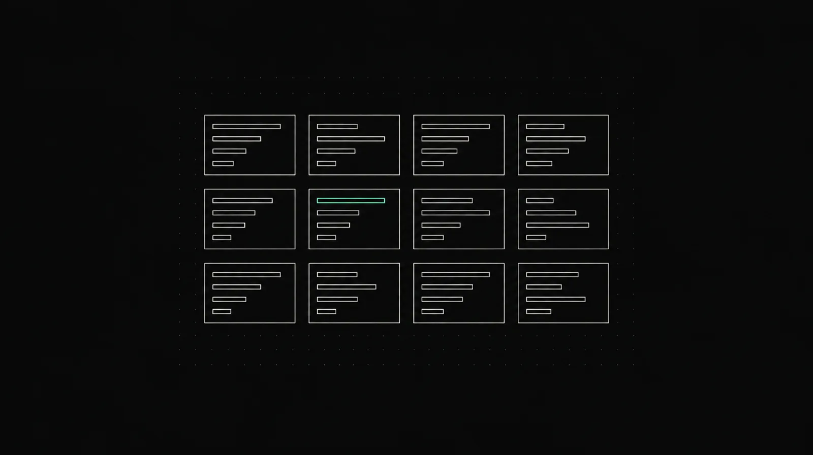 Blueprint drawing of a benchmark grid: twelve cells with result bars, one bar in mint.