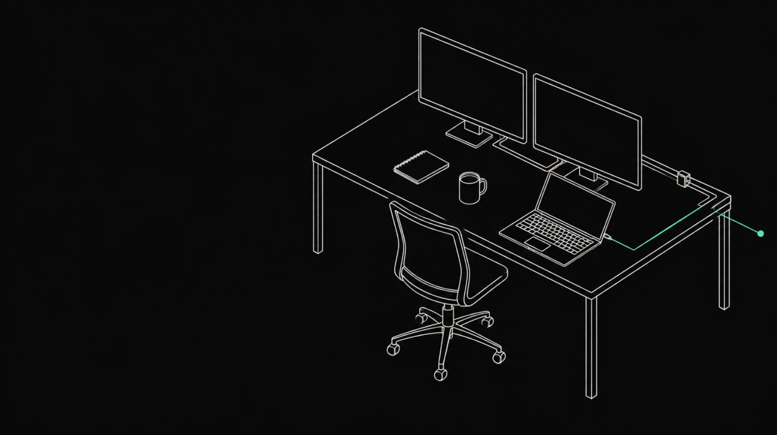 Blueprint drawing of a research desk: two monitors, a laptop, a notebook and neatly routed cables.