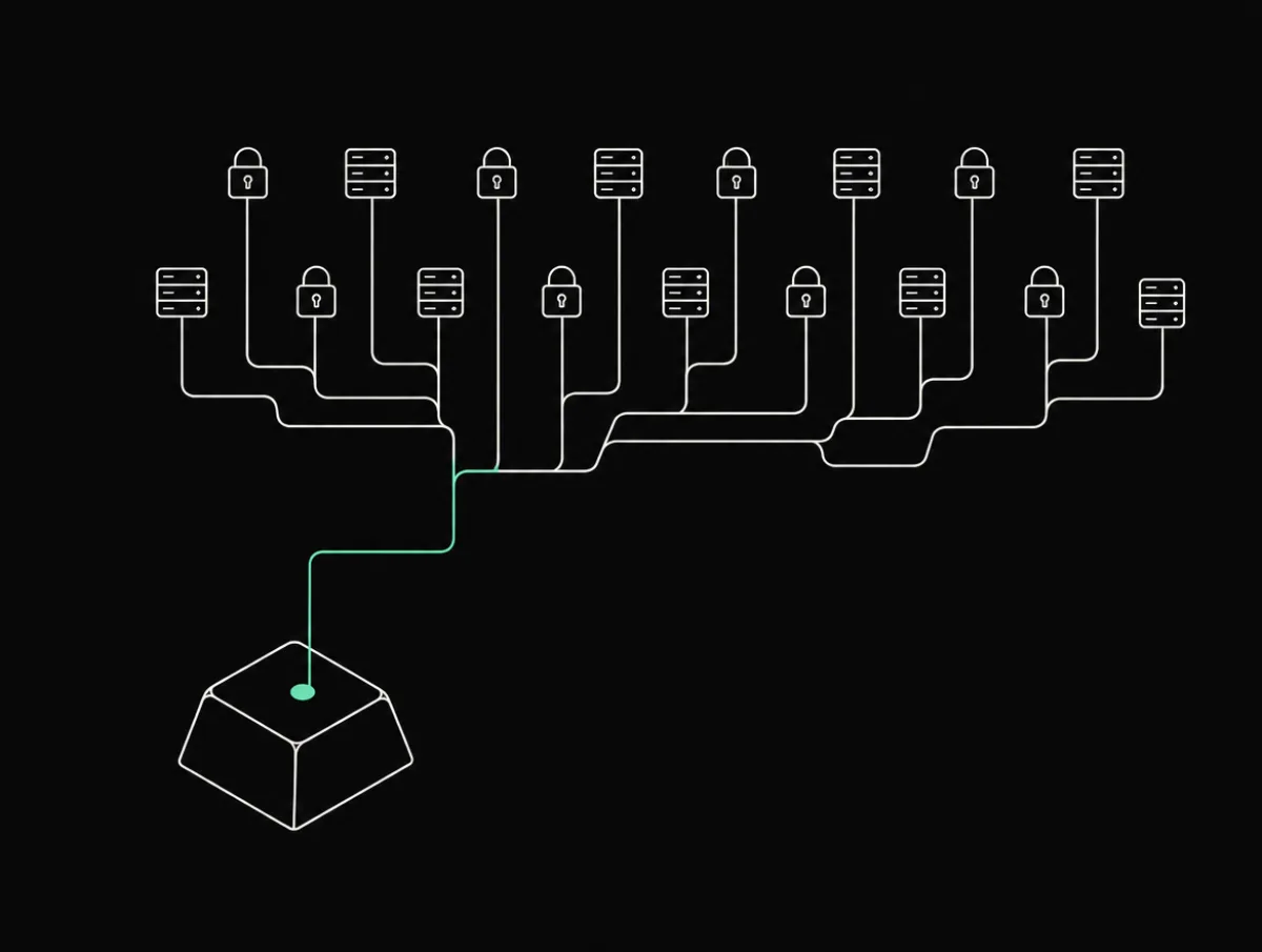 Blueprint drawing of one keyboard key whose single mint line fans out into a row of outlined servers and padlocks.