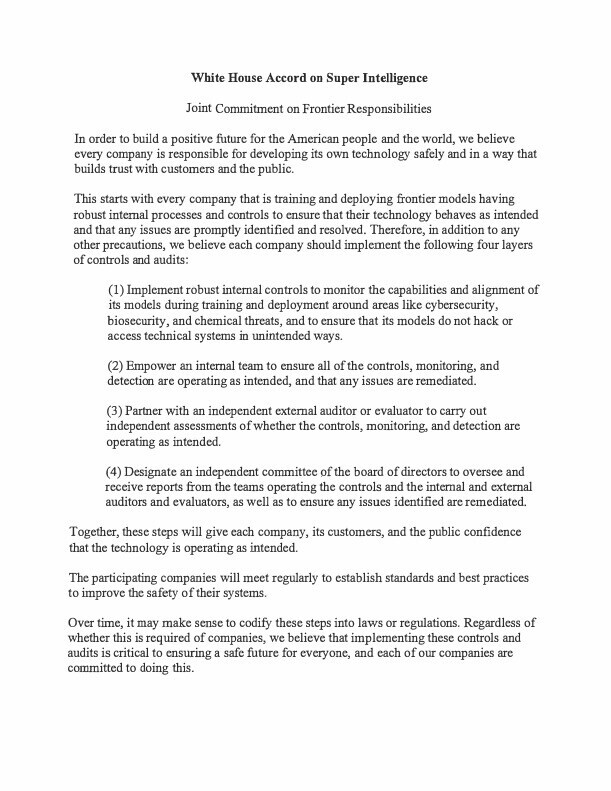 Page one of the White House Accord on Super Intelligence, the Joint Commitment on Frontier Responsibilities, setting out four layers of controls and audits.