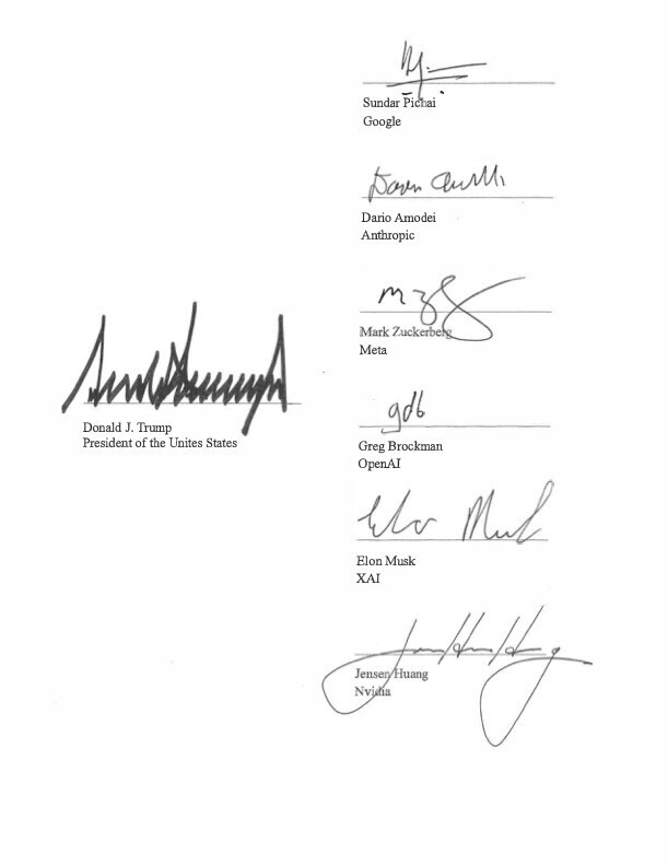 The signature page: Donald J. Trump, Sundar Pichai of Google, Dario Amodei of Anthropic, Mark Zuckerberg of Meta, Greg Brockman of OpenAI, Elon Musk of xAI and Jensen Huang of Nvidia.